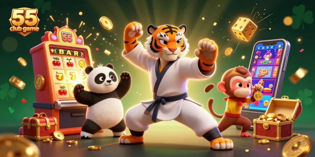 Experience the thrill of 55 club game with dynamic characters amidst spectacular casino elements.