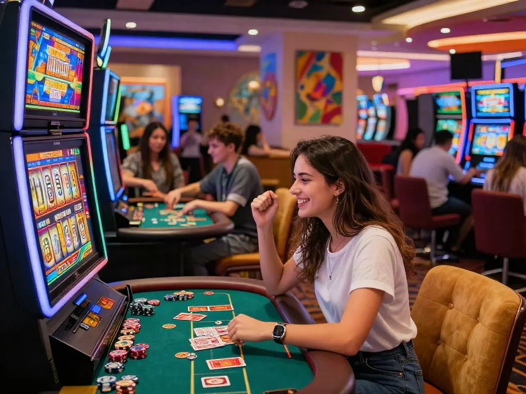 Players enjoying games at independent casinos not on GamStop, showcasing vibrant atmosphere and engaging activities.
