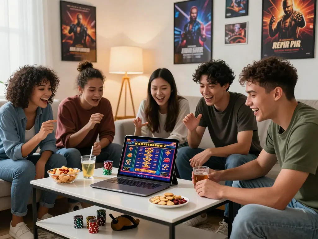 Friends enjoying online gaming at independent casinos not on GamStop in a cozy living room.