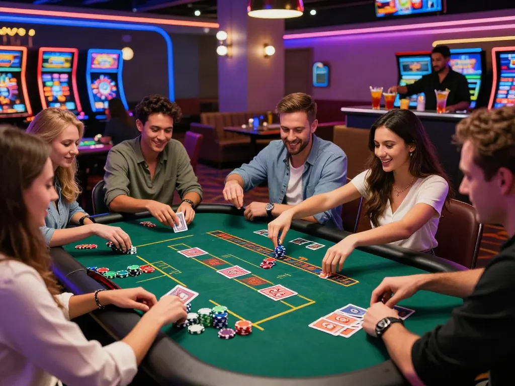 Group of friends enjoying games at independent casinos not on GamStop, vibrant atmosphere.