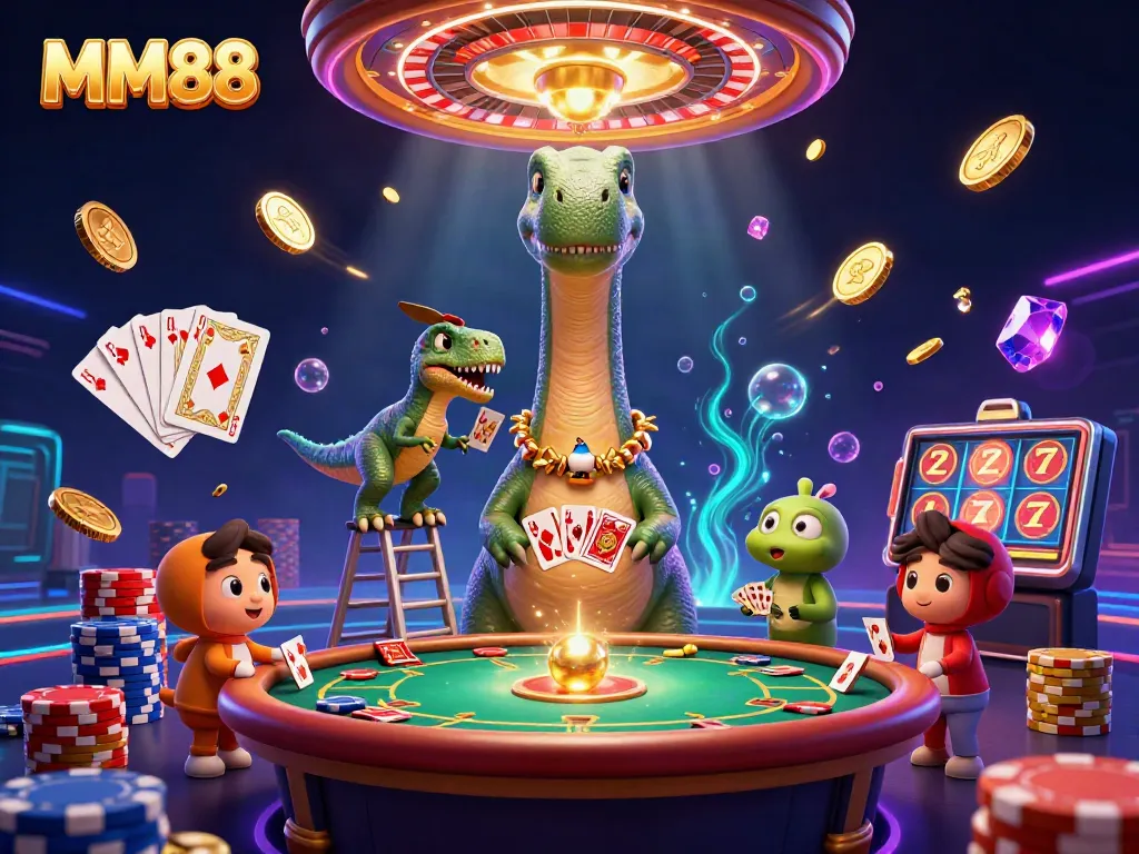 Experience thrilling MM88 casino action with a giant brontosaurus dealer at the poker table.