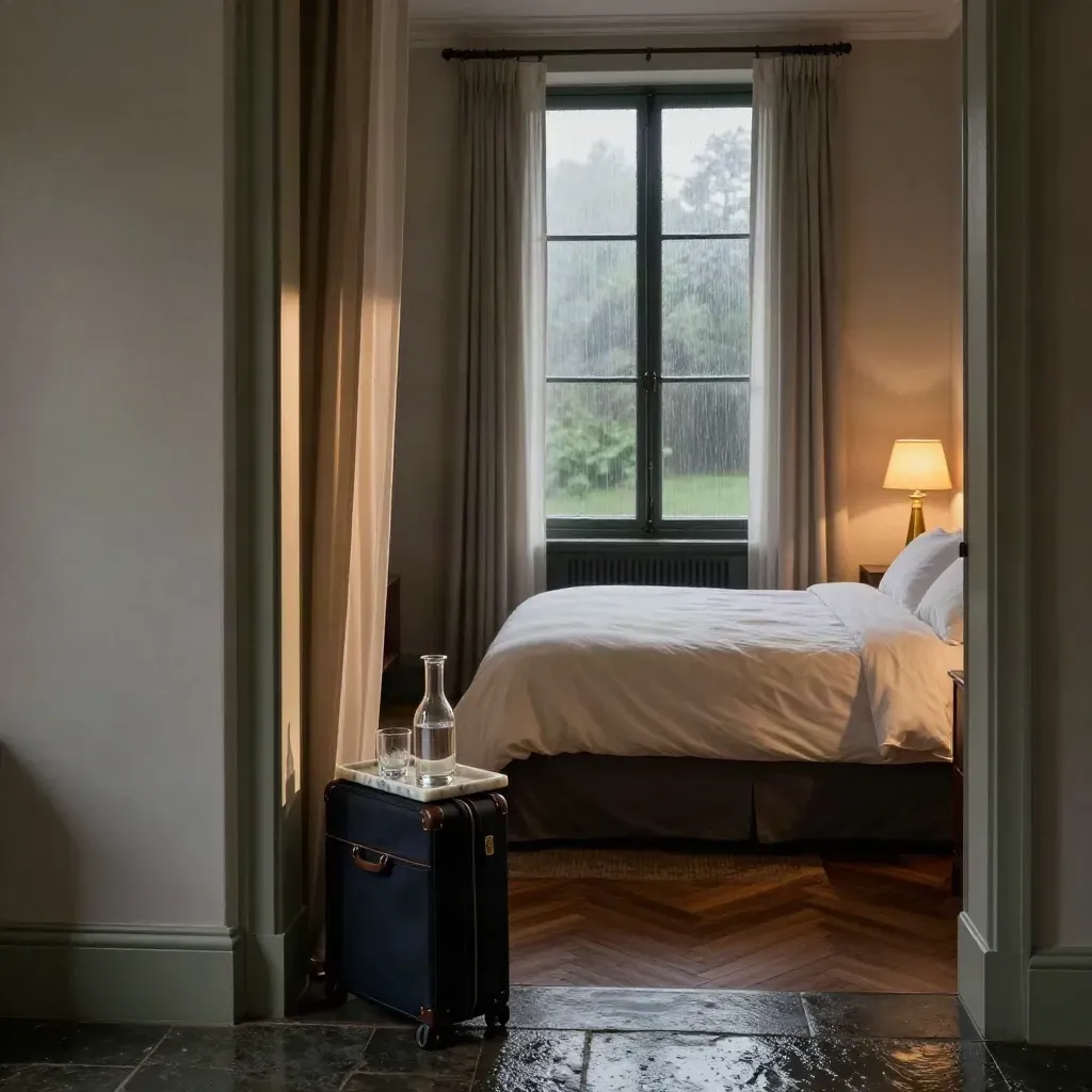 Rain-lit Mayfair suite with bed, brass lamp, marble tray and suitcase.