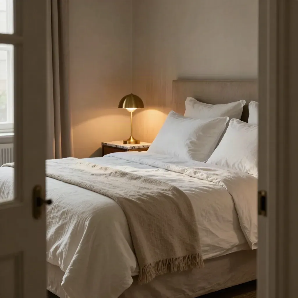 A warmly lit king bed with ivory linens, brass lamp and marble tray in a luxury suite