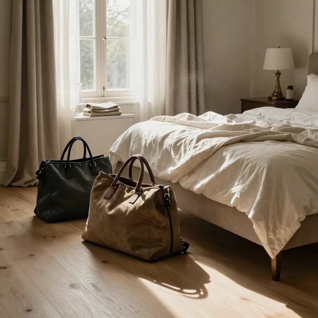 Sunlit holiday suite with open bags, rumpled bed and curtains billowing after rain.
