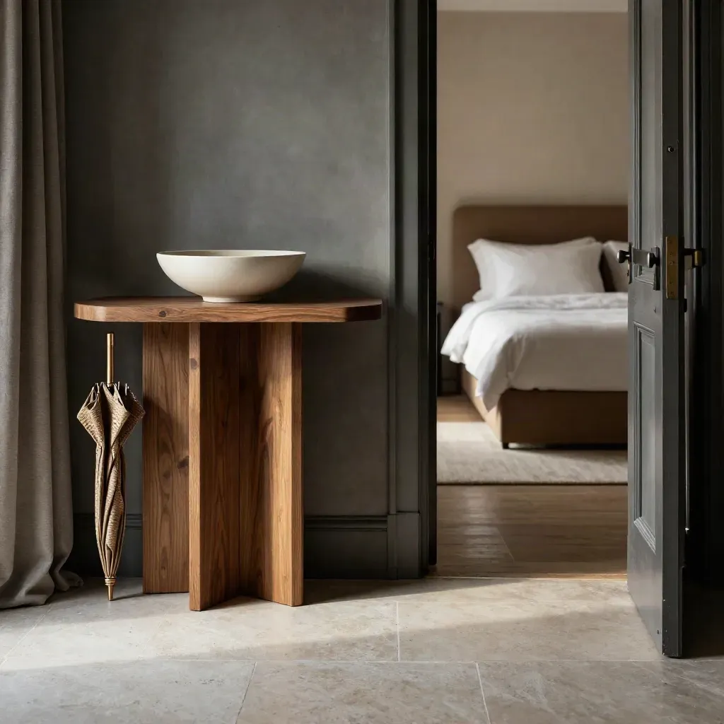 Low-angle suite entry with key bowl, umbrella stand and made bed beyond, door open to the hall