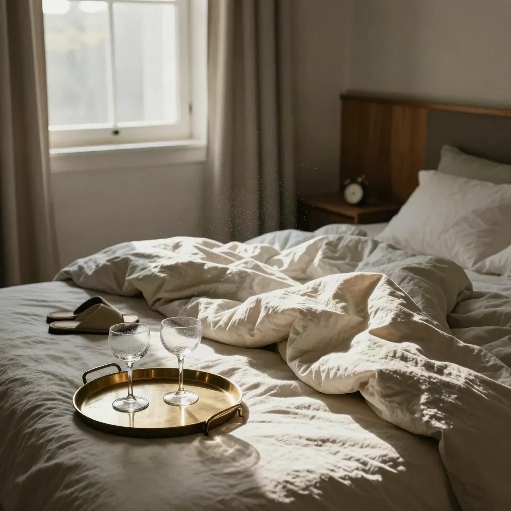Rumpled hotel bed with coupe glasses, slippers and morning light through a half-open curtain.