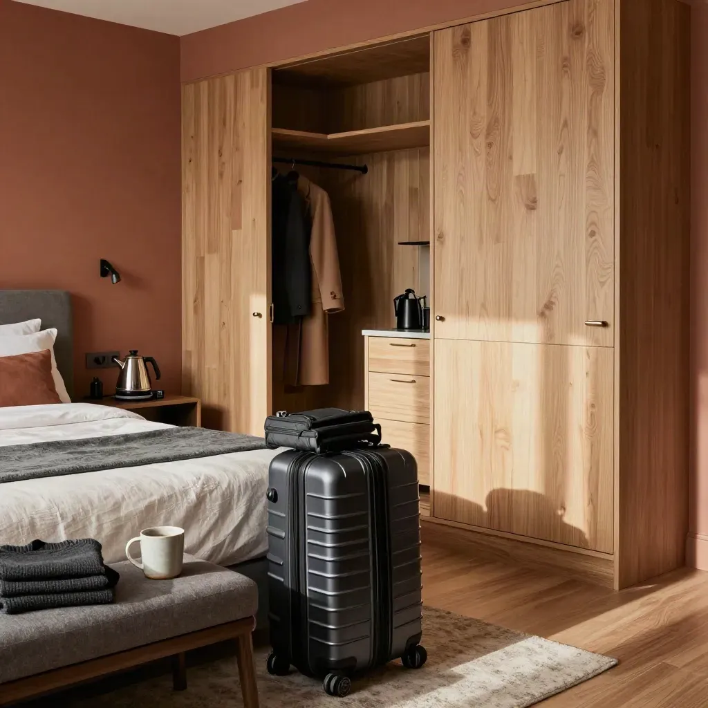 Long-stay suite interior with luggage, open wardrobe, folded sweater and kitchenette corner