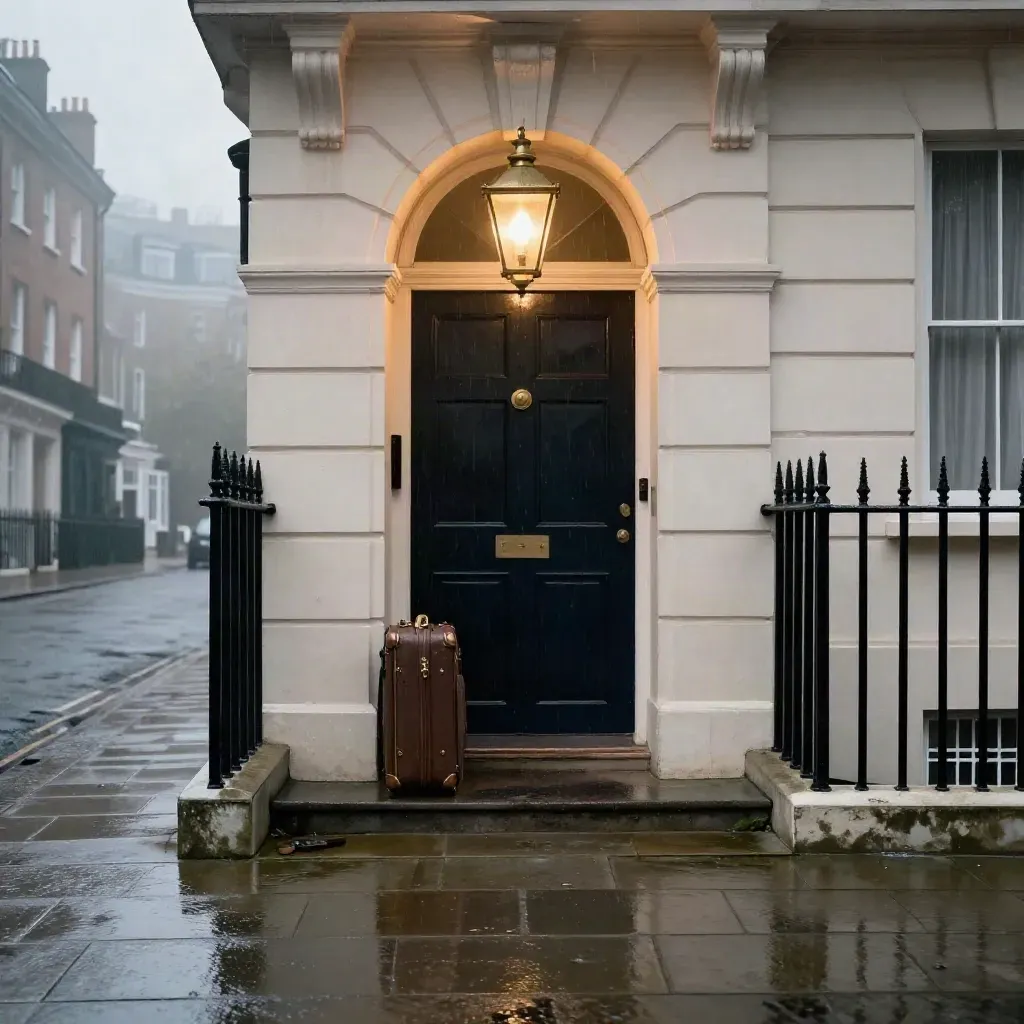 Wet steps at a London townhouse entrance with brass lanterns and two suitcases beneath the arch at dawn.