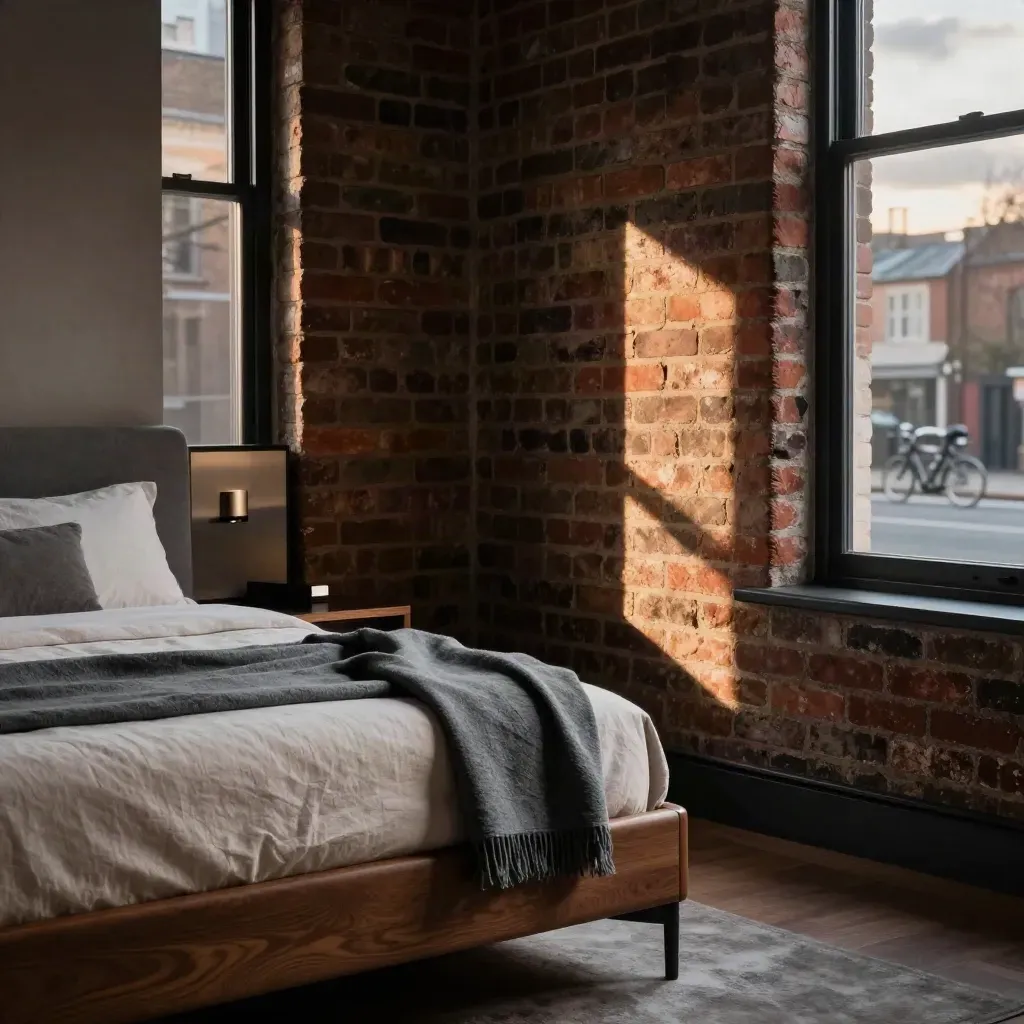 Moody Shoreditch suite with brick wall, bed edge, and light across a window