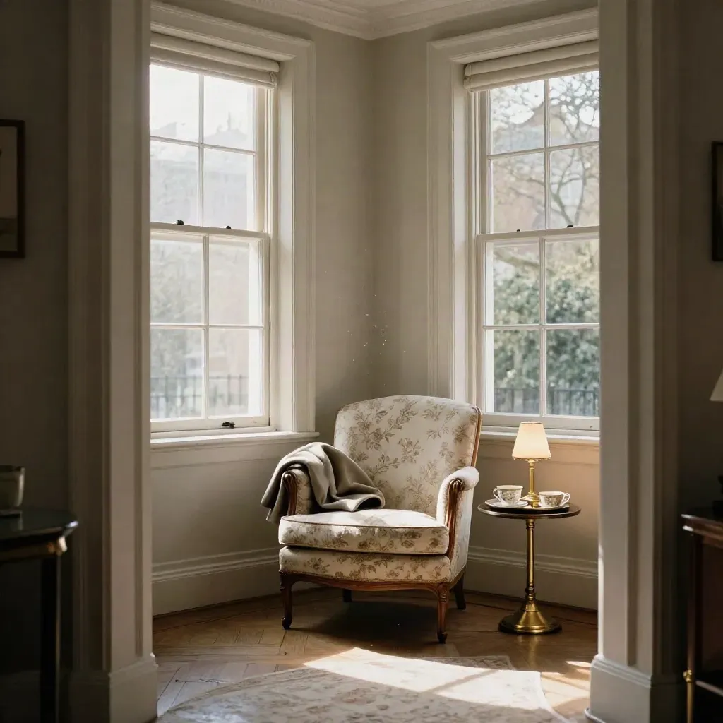 Kensington suite corner with sash windows, floral armchair, folded coat and morning light