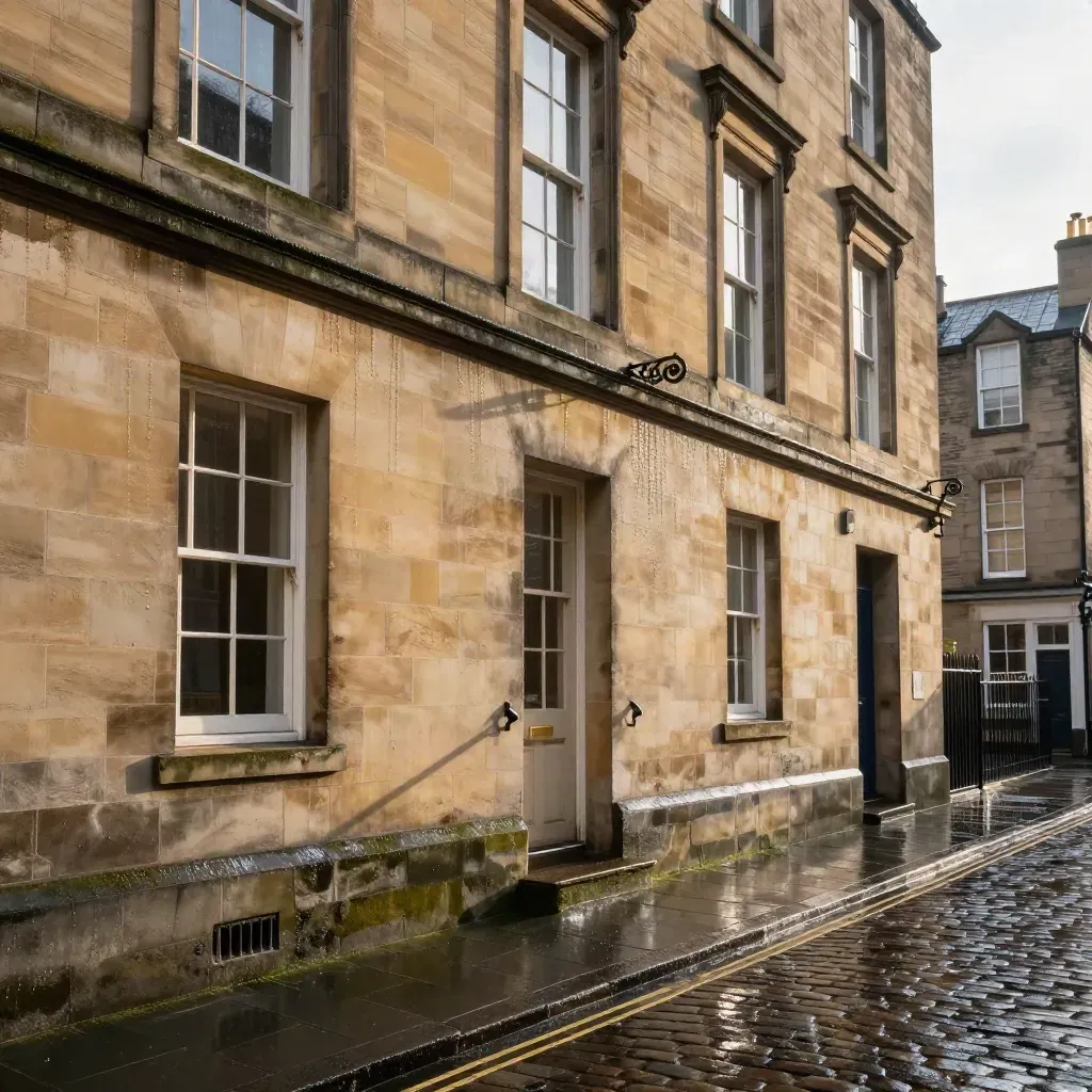 Edinburgh stone close with wet cobbles, a reflected suite window, and clearing sky after rain.