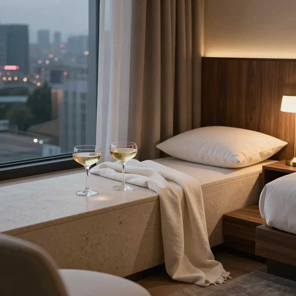 Luxury suite corner with coupe glasses, throw, and glowing city lights at dusk.