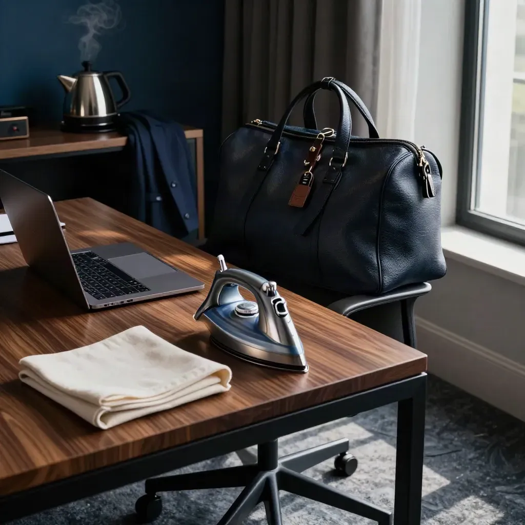 Pre-dawn business suite desk with laptop, blazer, iron, overnight bag, and blue window light.
