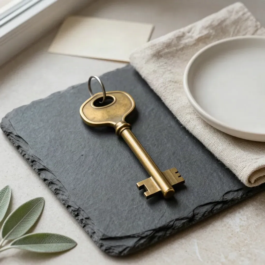 Brass room key on a slate tray with linen, ceramic dish and tiny potted sprig.