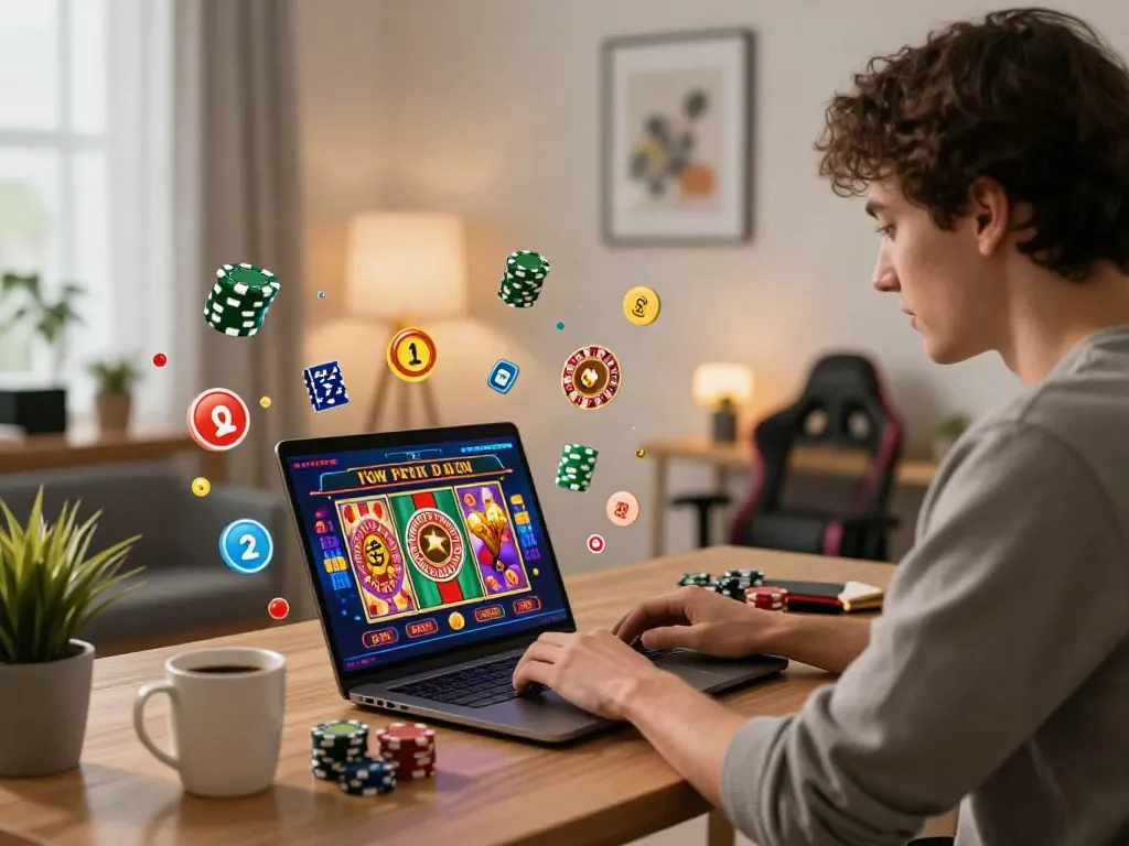 Engaging scene of a player enjoying independent casinos not on gamstop in a modern home office with gaming icons.