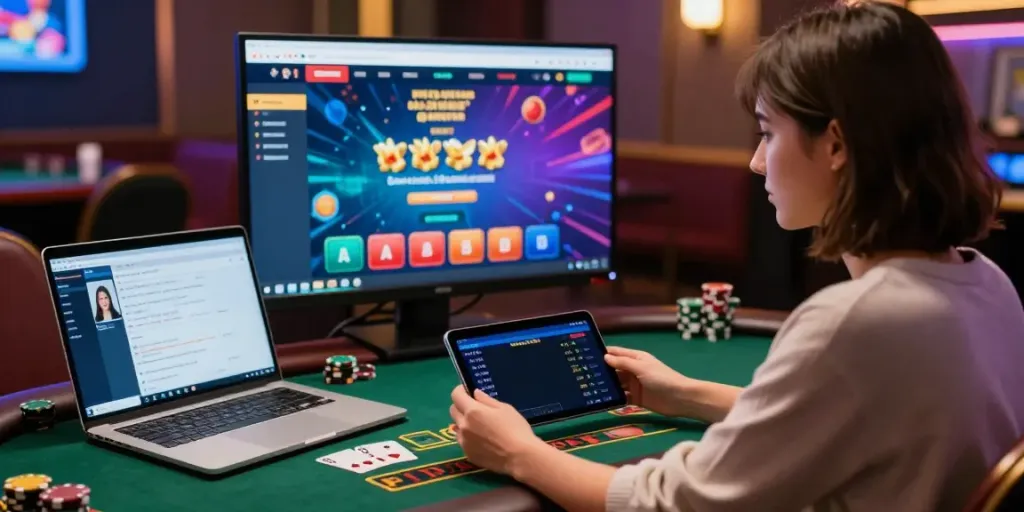 Player enjoying blackjack on independent casinos not on GamStop website in a cozy gaming room.