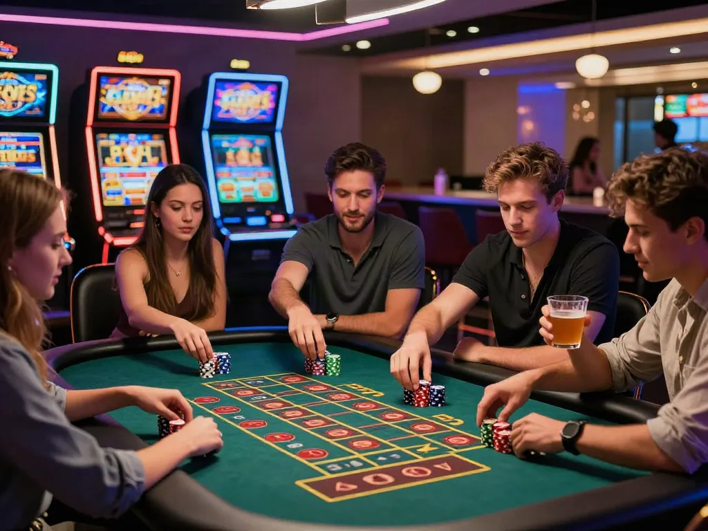 Engaging scene showcasing friends enjoying independent casinos not on GamStop at a vibrant roulette table.