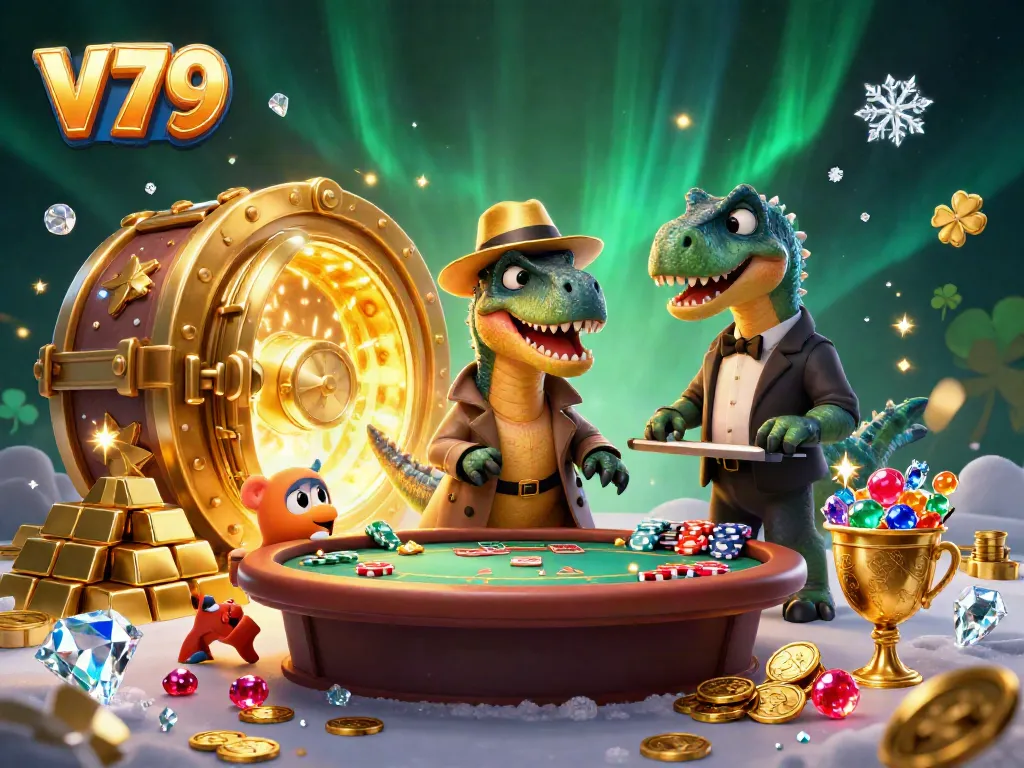 Experience thrilling blackjack action with V79's colorful cartoon characters amidst golden treasures.