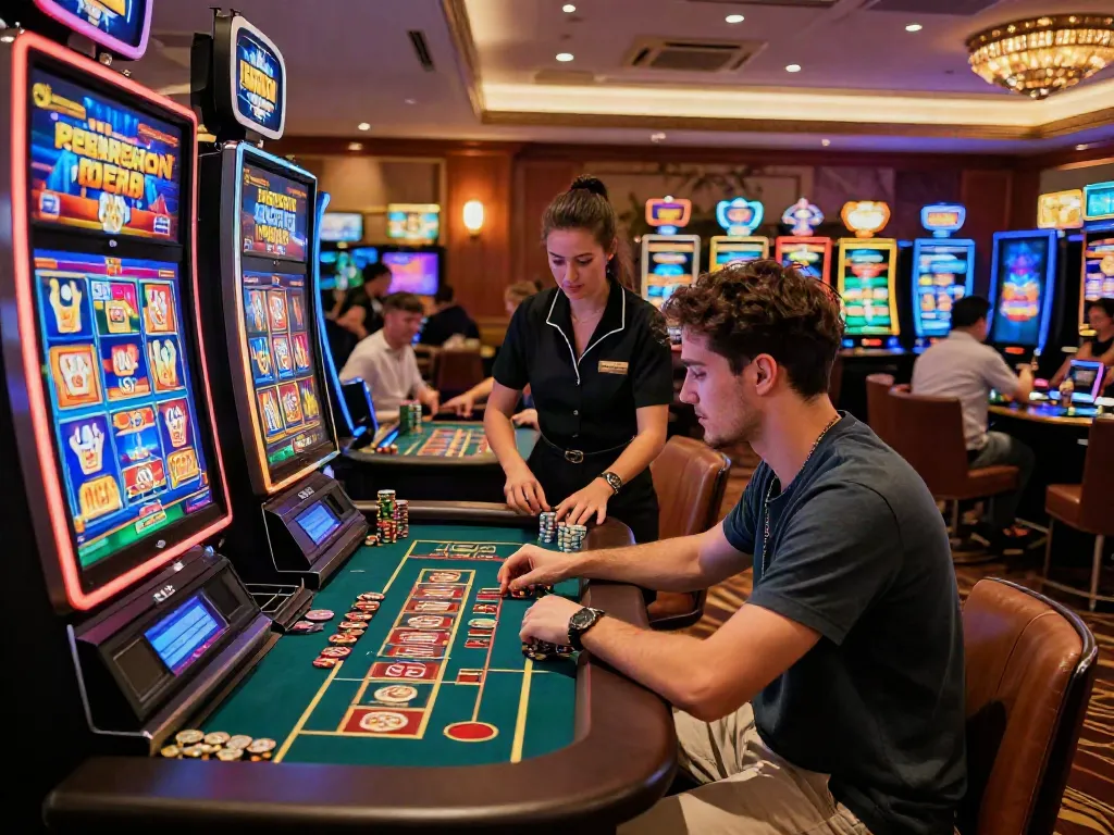 Player engaged at an independent casino not on GamStop, surrounded by vibrant gaming atmosphere.