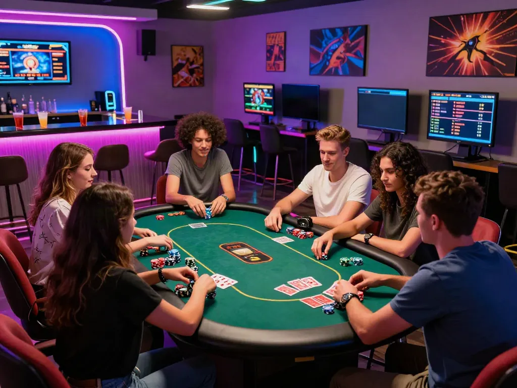 Friends experiencing thrilling gaming at independent casinos not on GamStop in a vibrant lounge.
