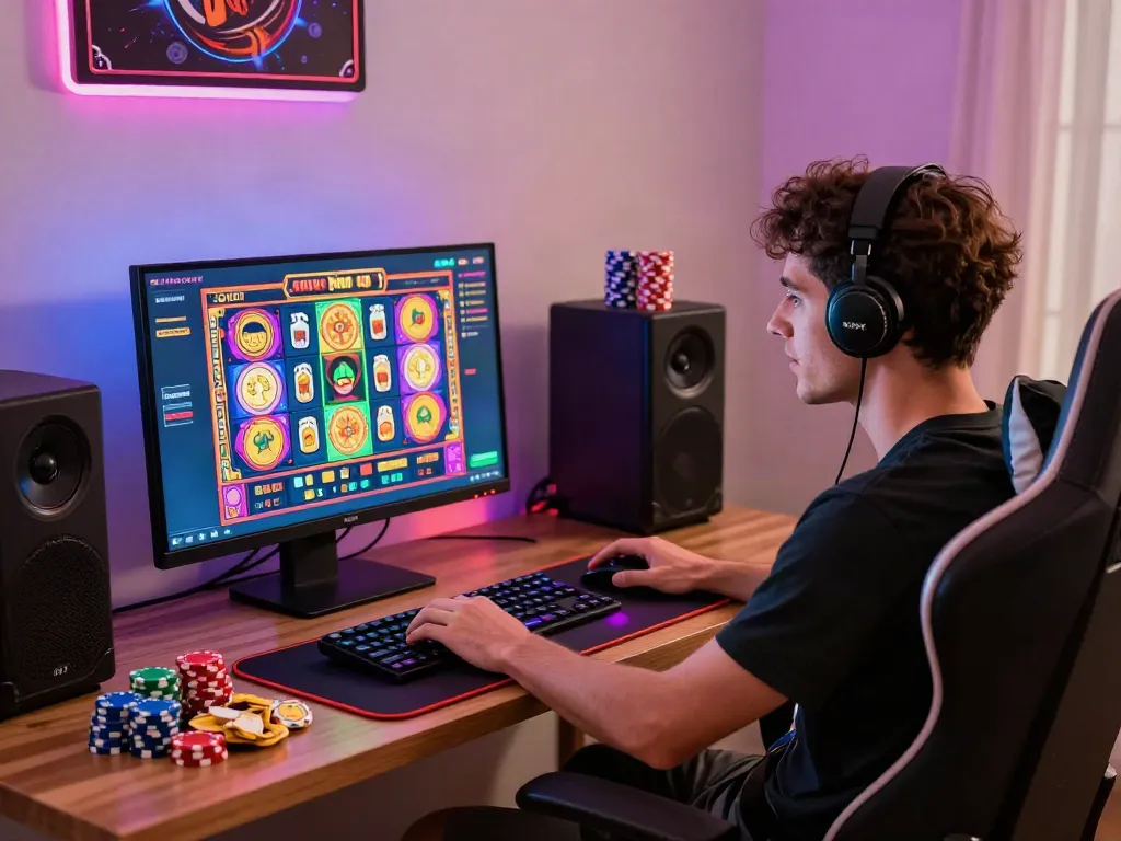 Gamer enjoying online gaming at independent casinos not on GamStop with vibrant visuals and home setup.