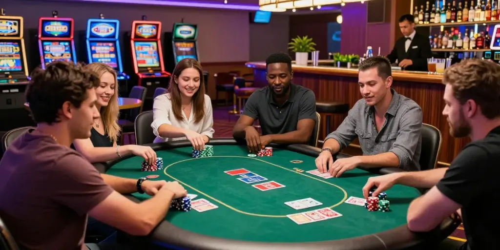 Independent casinos not on GamStop: Diverse friends enjoying a lively poker game in a stylish casino