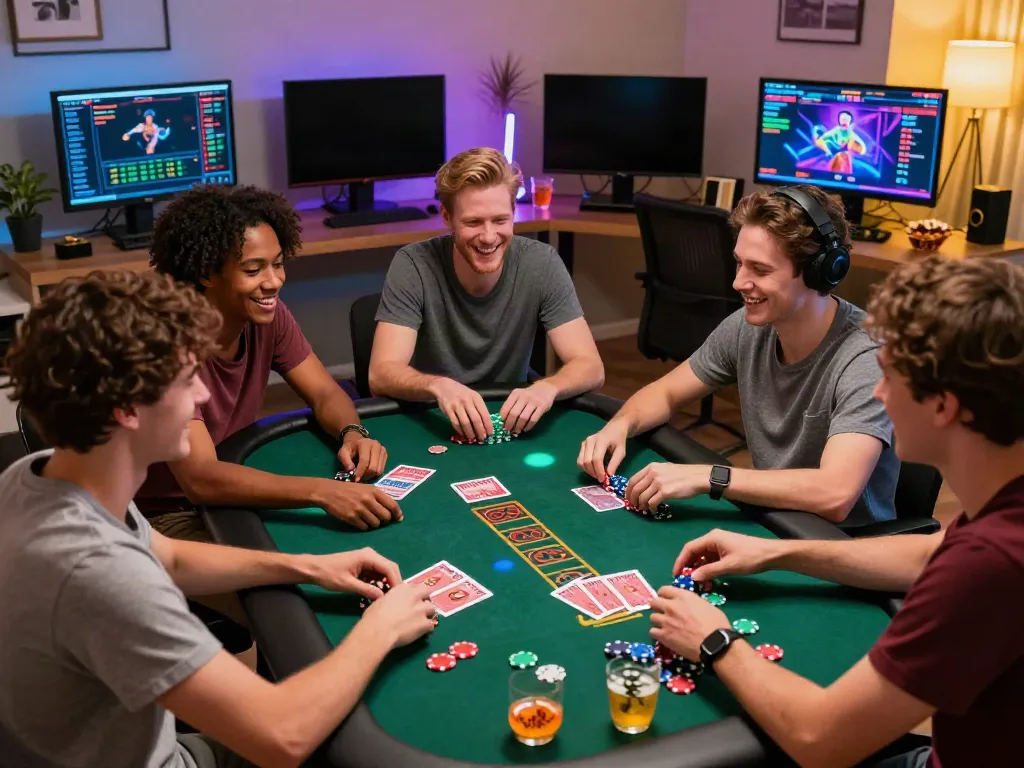 Friends enjoying thrilling games at independent casinos not on GamStop in a lively, cozy setting.