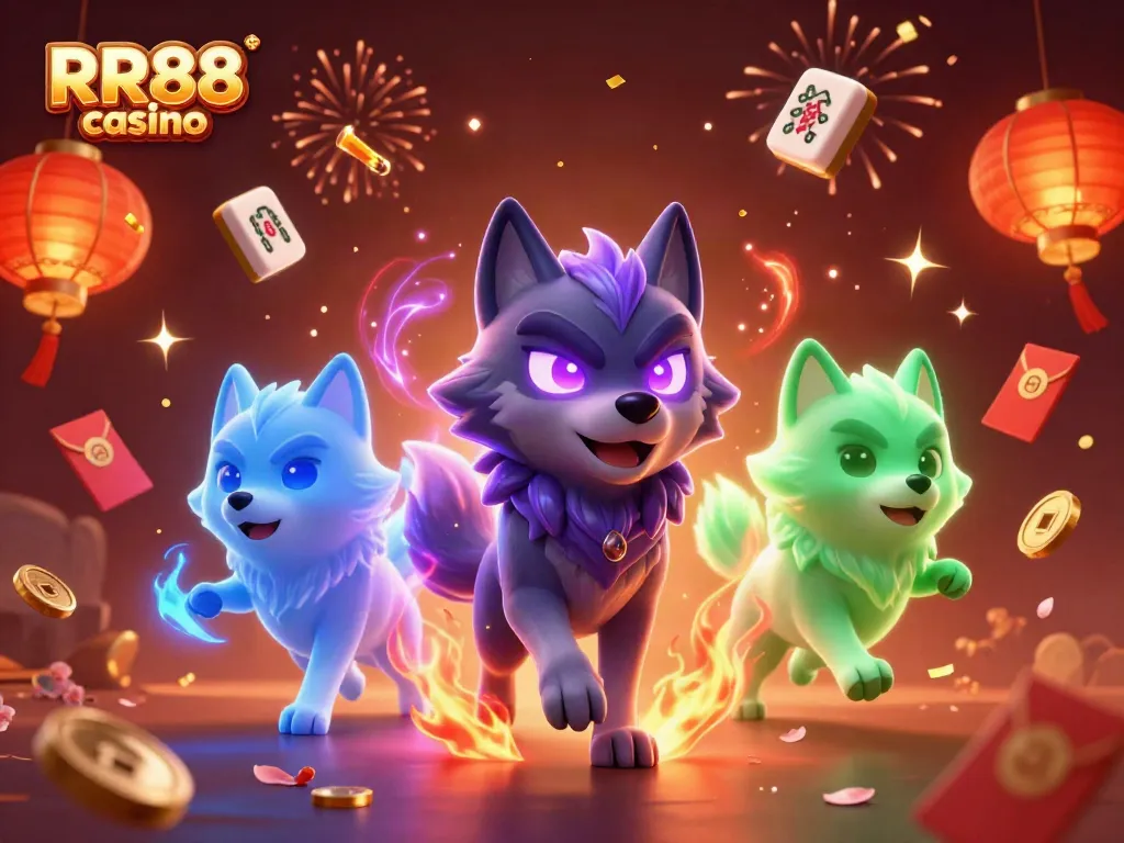 Experience the thrill at RR88 casino with glowing wolves, festive gaming elements, and dynamic celebration!