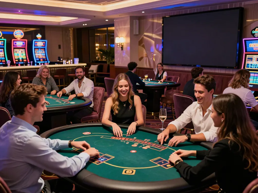Engaging casino scene showcasing independent casinos not on GamStop, lively gaming tables, and diverse patrons celebrating wins.