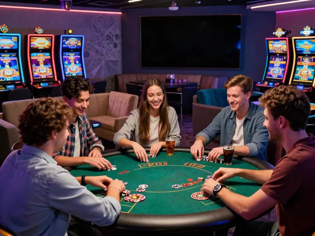 Engaging gaming scene of friends enjoying independent casinos not on GamStop with vibrant decor and social excitement.