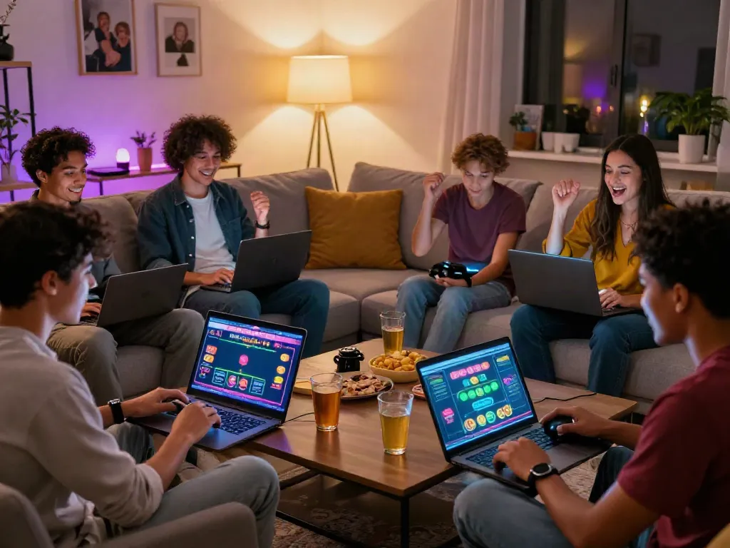 Group of friends playing at independent casinos not on GamStop during an exciting gaming night.