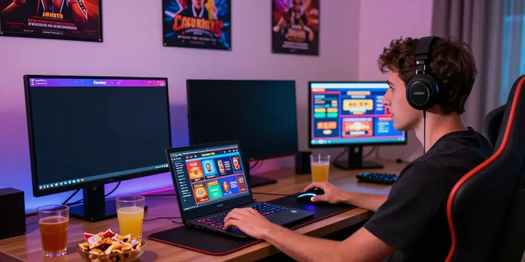 Player exploring independent casinos not on GamStop at a cozy home setup with colorful screens and snacks.
