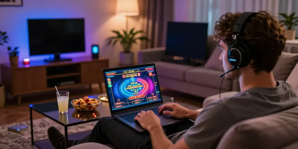 Engaging gaming scene showcasing independent casinos not on GamStop in a cozy home setting.