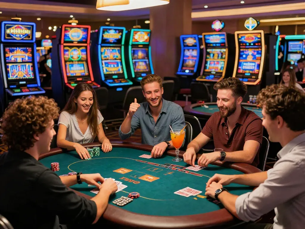 Friends enjoying games at independent casinos not on GamStop, vibrant atmosphere.