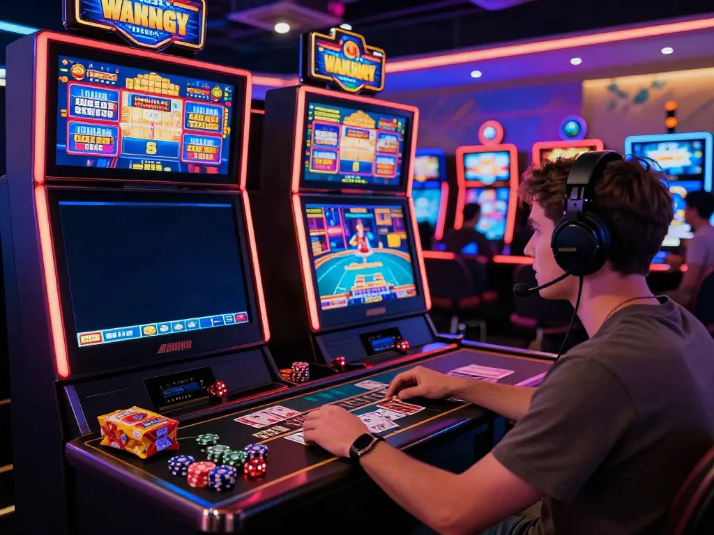 Player immersed in gaming at independent casinos not on GamStop, showcasing vibrant neon lights and immersive slot machines.