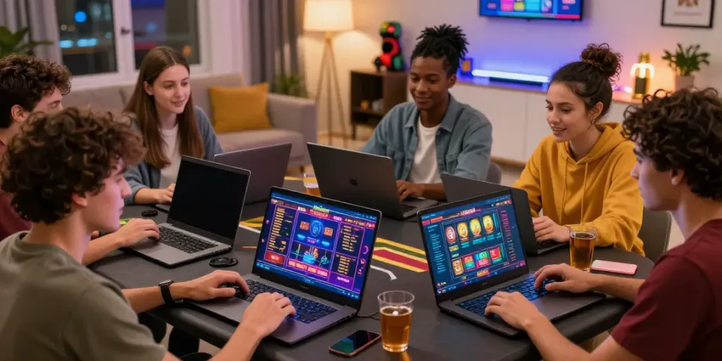 Friends enjoying games at independent casinos not on GamStop in a cozy setting.