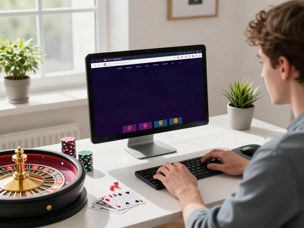Engaging scene of independent casinos not on GamStop with vibrant gaming paraphernalia and a young adult at a laptop.