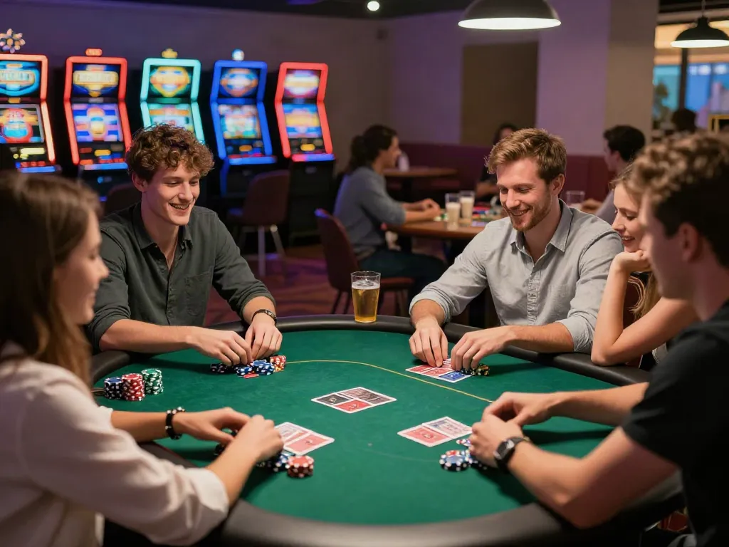 Friends enjoying their time at independent casinos not on GamStop with poker and slot machines in lively atmosphere.