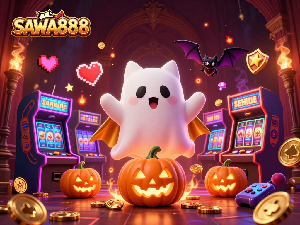 SAWA888 invites players to explore a vibrant haunted casino with spooky characters and colorful gaming elements.