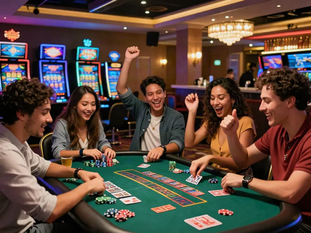 Friends enjoying a night at independent casinos not on GamStop, celebrating wins at the gaming table.