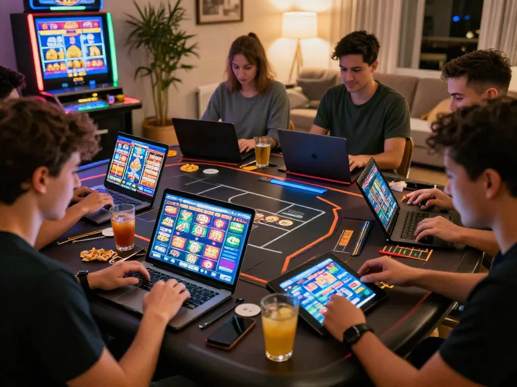 Players engaging with independent casinos not on GamStop in a cozy home setting.