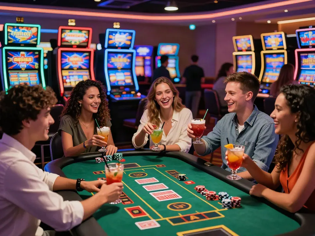 Friends enjoying fun at independent casinos not on gamstop with gaming table and colorful slot machines.