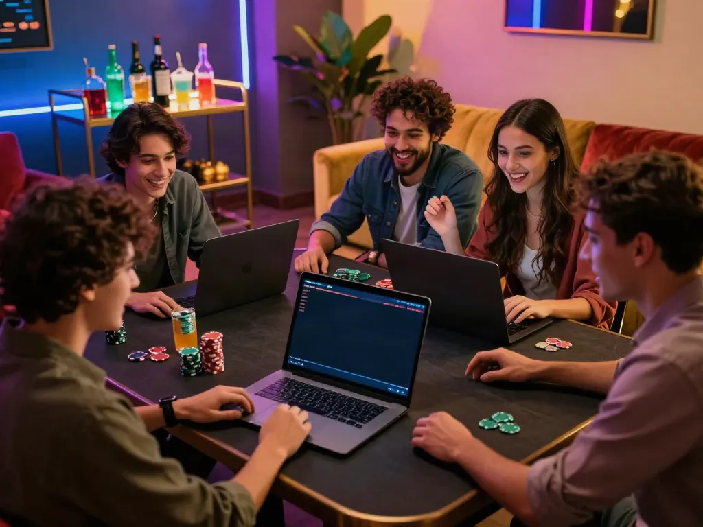 Enthusiastic friends enjoying gaming at independent casinos not on GamStop in a cozy, vibrant setting.