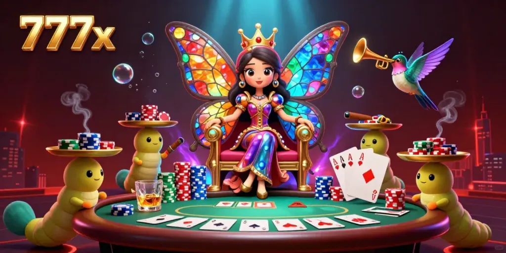Experience excitement with 777x as the butterfly queen oversees a vibrant poker game in this whimsical casino scene.