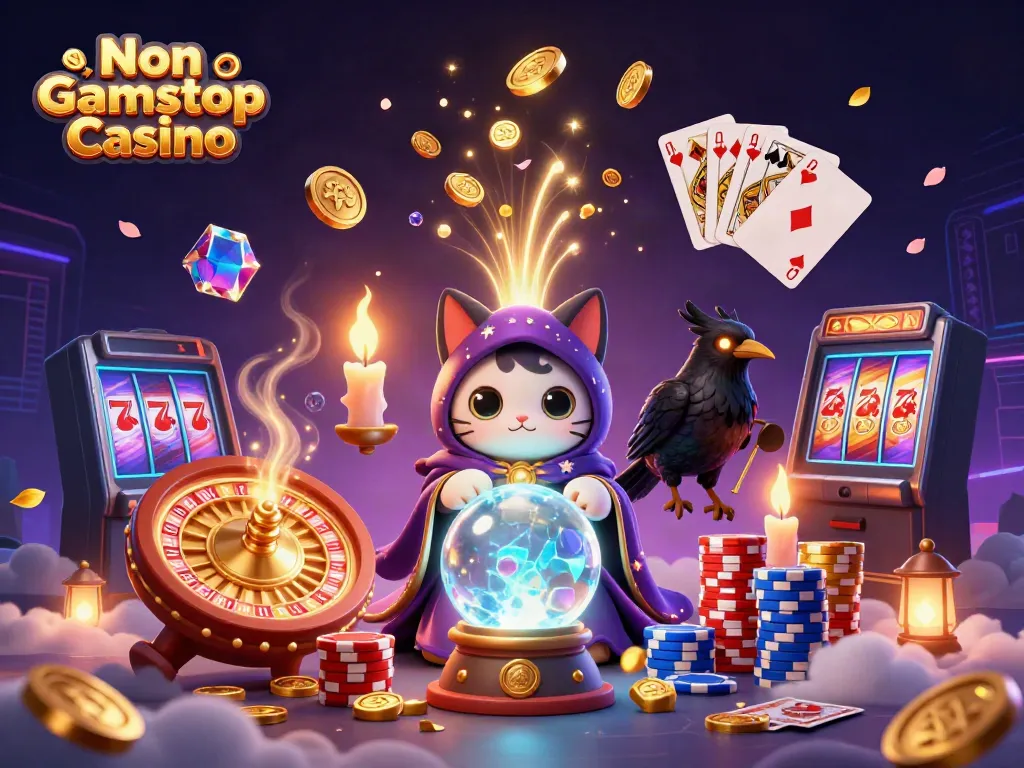 Experience the excitement of Non Gamstop Casino with mystical cats and ravens amidst dynamic casino elements.