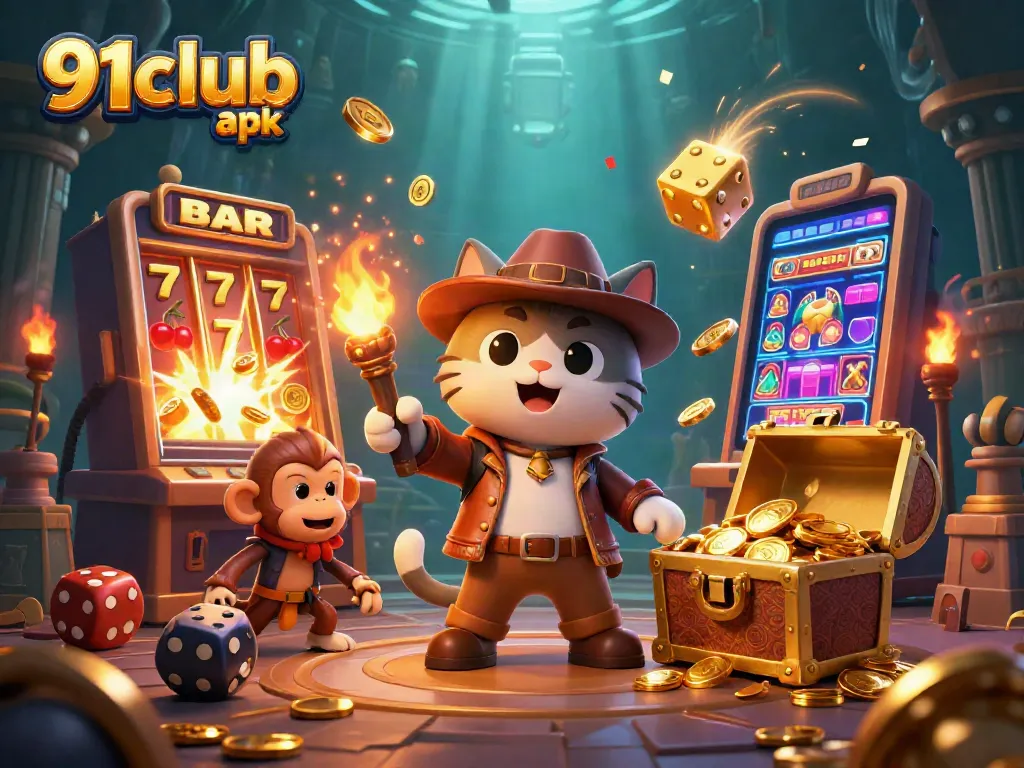 Engage with thrilling gameplay in 91club apk, featuring a vibrant casino scene with explorers and entertainment elements.