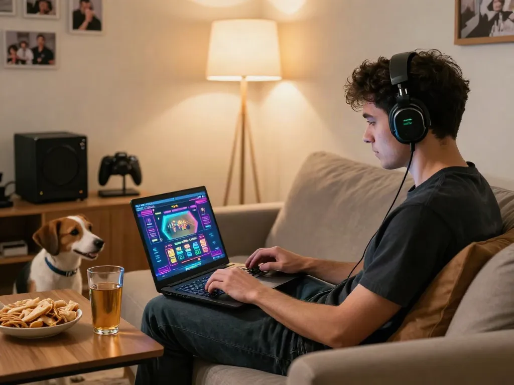 Engaging scene of online gaming at independent casinos not on gamstop with cozy home vibes.