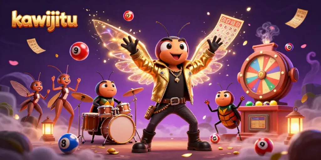 Kawijitu highlights the excitement of a casino scene with a cicada rock star, a beetle drummer, and lottery elements.