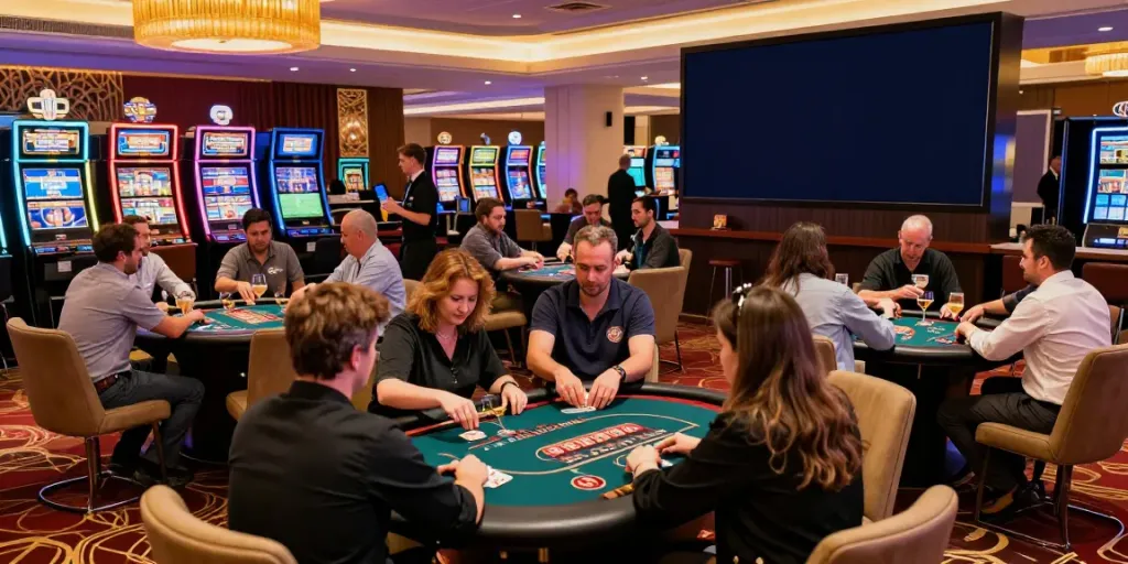 Exciting atmosphere at independent casinos not on GamStop with engaged players at tables.