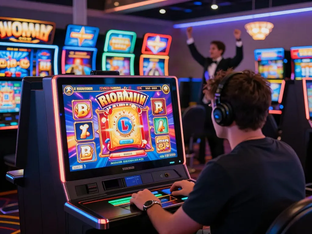 Engaging scene of a player at independent casinos not on gamstop with vibrant digital slot machines.